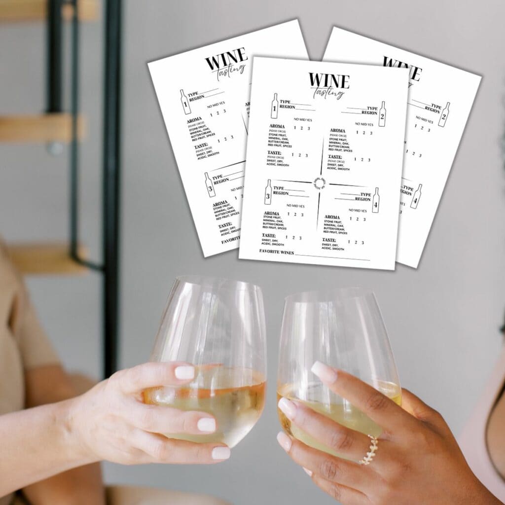 Two women cheersing with stemless wine glasses with printable wine cards over the top of the image.