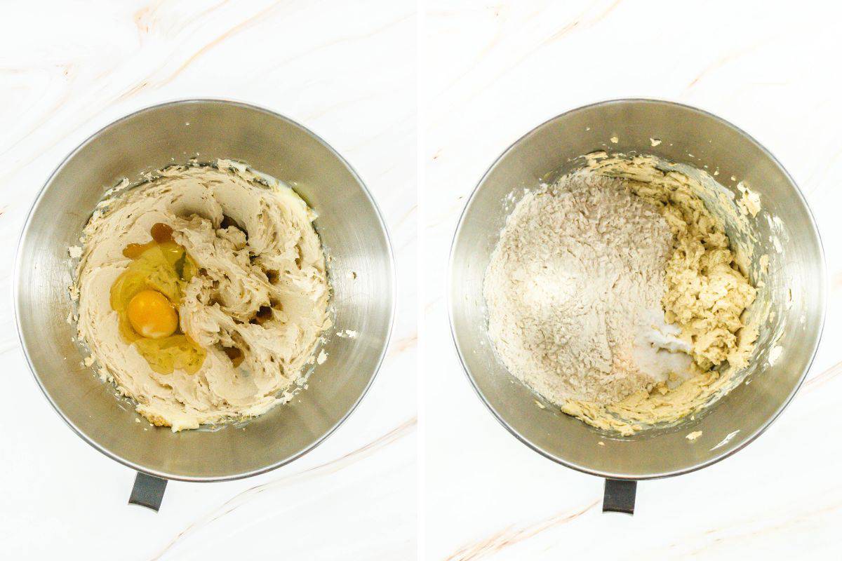 Overhead view of mixing bowl with Lucky Charms Cookies dough ingredients mixed together.