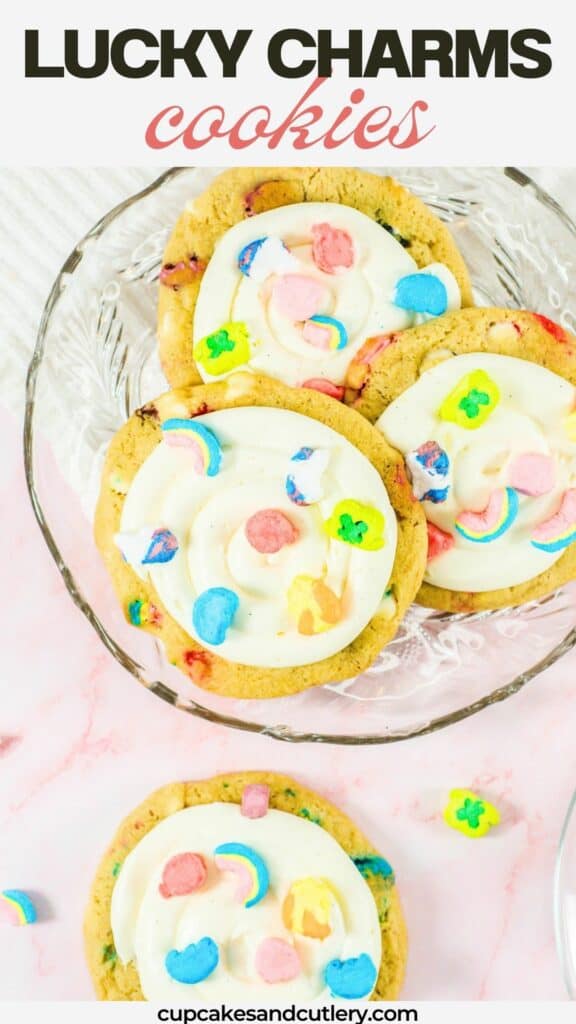 Lucky Charms Cookies on a glass serving plate.
