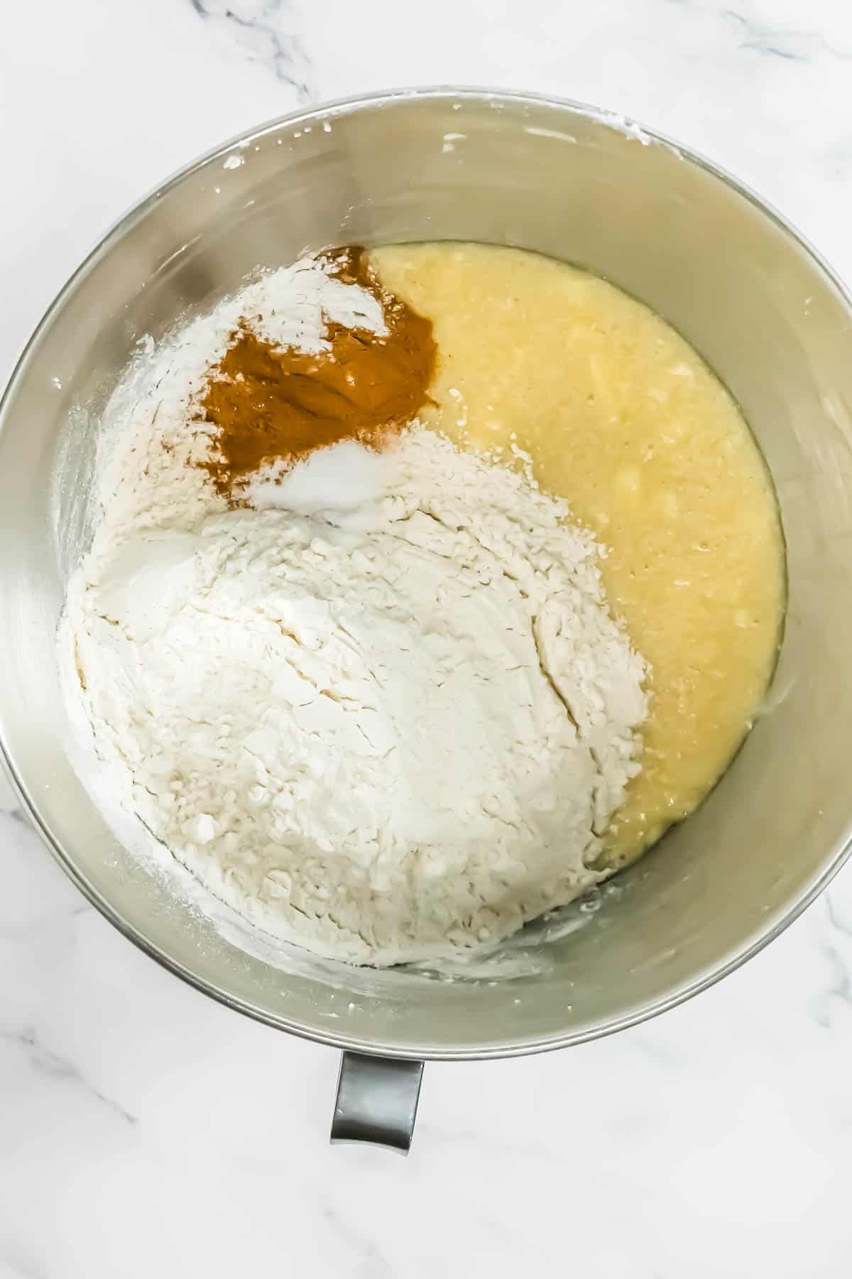 Cinnamon, salt, baking powder and flour added to the RumChata cupcake batter.