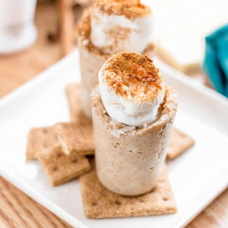 Close up of RumChata Pudding Shots on a white plate.