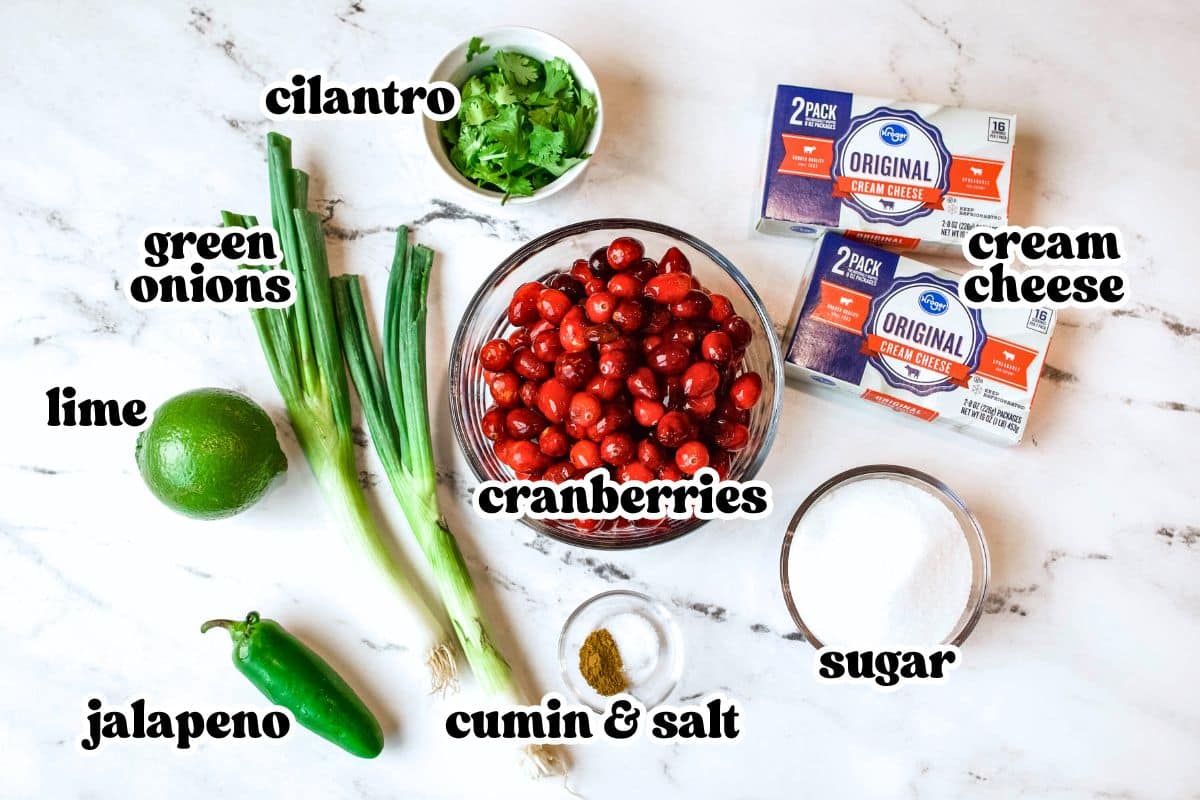 cranberry jalapeno dip ingredients Labeled ingredients to make cranberry jalapeno dip.